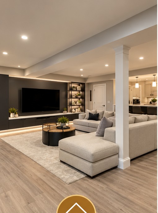 Illustrative image of a beautifully finished basement with recessed lighting, seating, and wood flooring