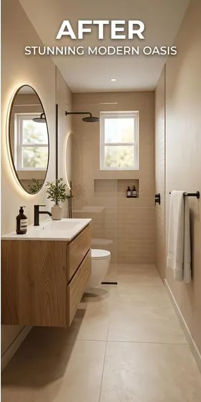 Bathroom after renovation, updated vanity, tile and shower
