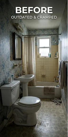 Bathroom before renovation, dated wallpaper, fixtures and flooring