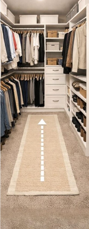Closet after organization upgrade with white built-in shelving, drawers, and open walkway