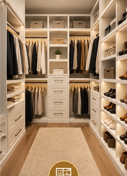 Finished walk-in closet with built-in shelving and drawers