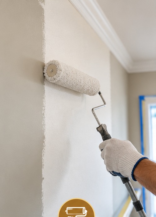 Close-up of a gloved hand using a roller to paint an interior wall